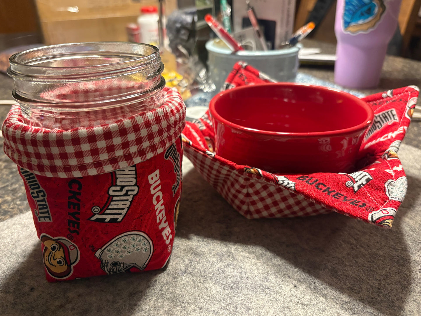Ohio State University bowl and mason jar cozie set