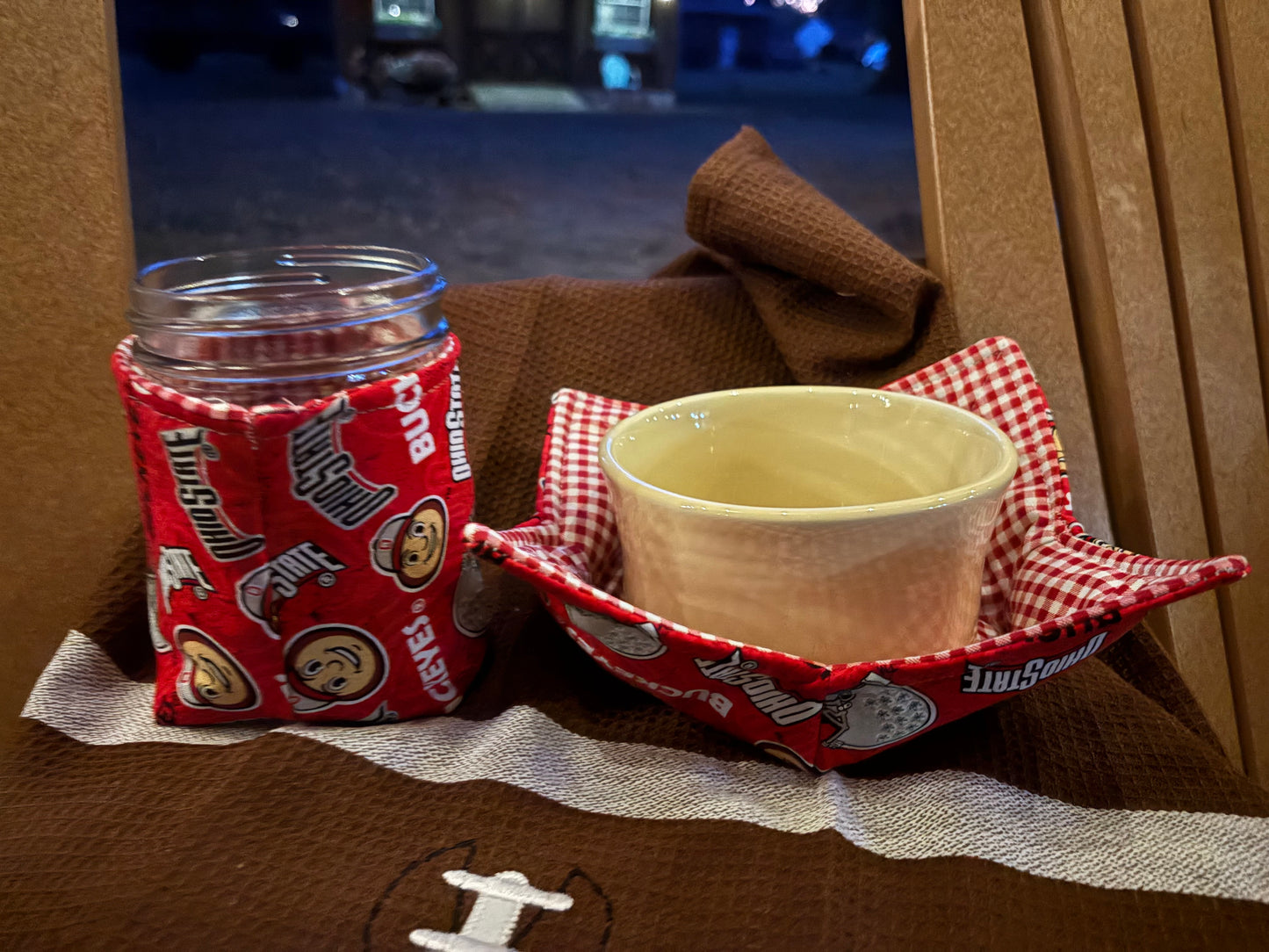 Ohio State University bowl and mason jar cozie set