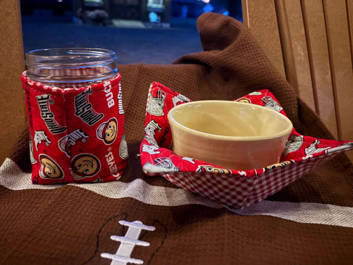 Ohio State University bowl and mason jar cozie set