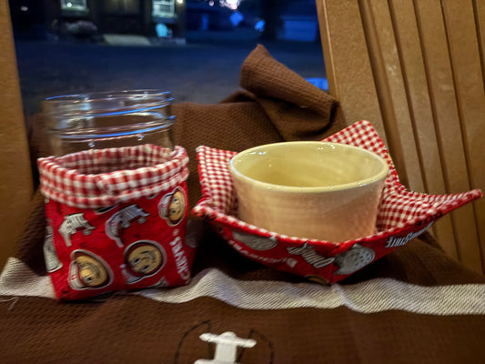 Ohio State University bowl and mason jar cozie set